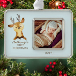ウッドランドディアーベビー第1回クリスマスフォトオーナメント シルバープレートフレームオーナメント