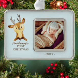 ウッドランドディアーベビー第1回クリスマスフォトオーナメント シルバープレートフレームオーナメント