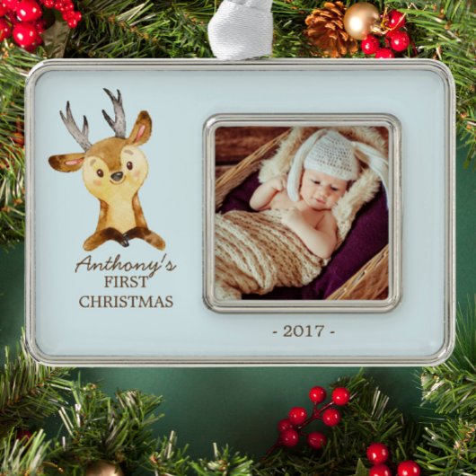 ウッドランドディアーベビー第1回クリスマスフォトオーナメント シルバープレートフレームオーナメント