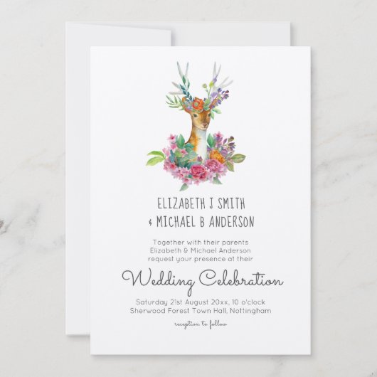 ウッドランドディアー図解入りの、写真付きの結婚式招待状 招待状 (正面)