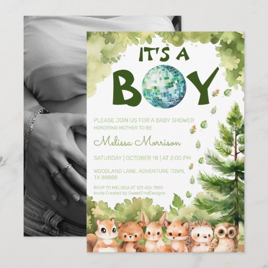 ウッドランドディスコ男の子の男の赤ちゃんシャワー 招待状 (正面/裏面)