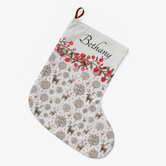 ウッドランドトナカイとベリーが白を吸う ラージクリスマスストッキング (正面 (吊り時))