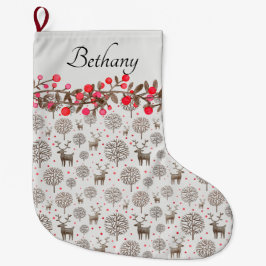 ウッドランドトナカイとベリーが白を吸う ラージクリスマスストッキング