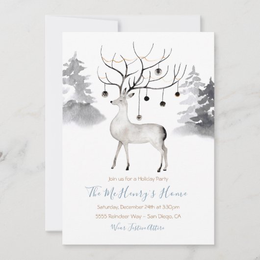 ウッドランドトナカイの水色クリスマスパーティー 招待状 (正面)