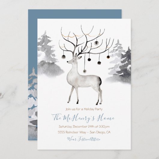 ウッドランドトナカイの水色クリスマスパーティー 招待状 (正面/裏面)
