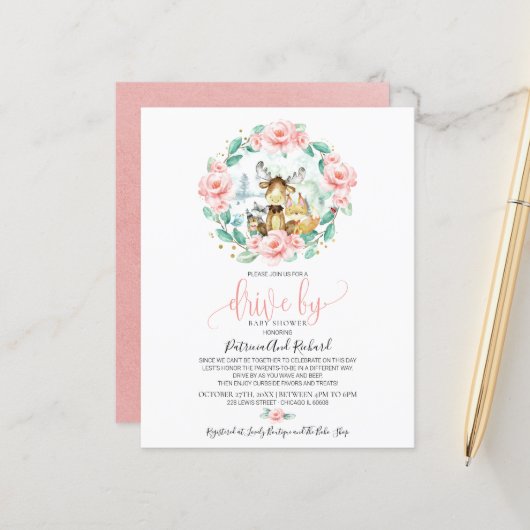 ウッドランドドライブバイベビーシャワー予算招待状 (正面/裏面インサイチュ)