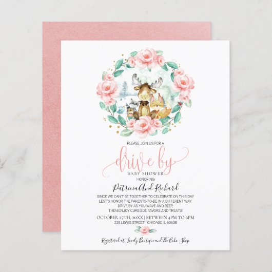 ウッドランドドライブバイベビーシャワー予算招待状 (正面/裏面)