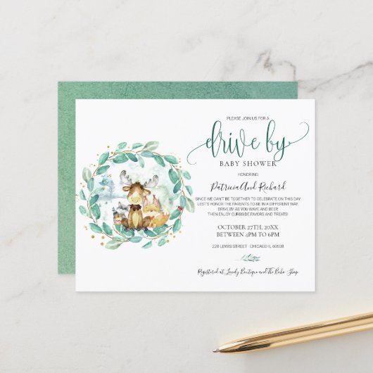 ウッドランドドライブバイベビーシャワー予算招待状 (正面/裏面インサイチュ)