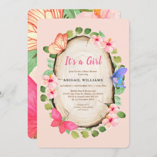 ウッドランドバタフライガールベビーシャワー招待状 カード (正面/裏面)