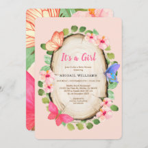 ウッドランドバタフライガールベビーシャワー招待状