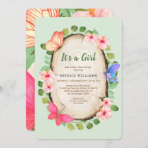 ウッドランドバタフライガールベビーシャワー招待状