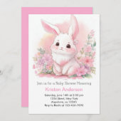 ウッドランドバニーピンクフローラガールベビーシャワー 招待状 (正面/裏面)
