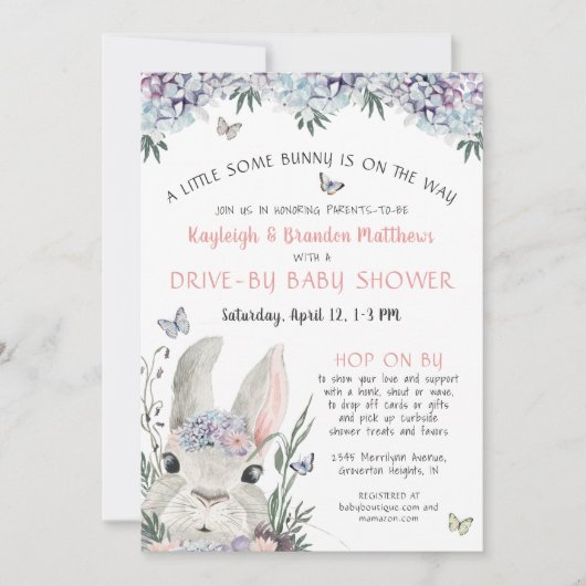 ウッドランドバニーフローラピンクドライブバイベビーシャワー 招待状 (正面)