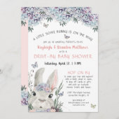 ウッドランドバニーフローラピンクドライブバイベビーシャワー 招待状 (正面/裏面)