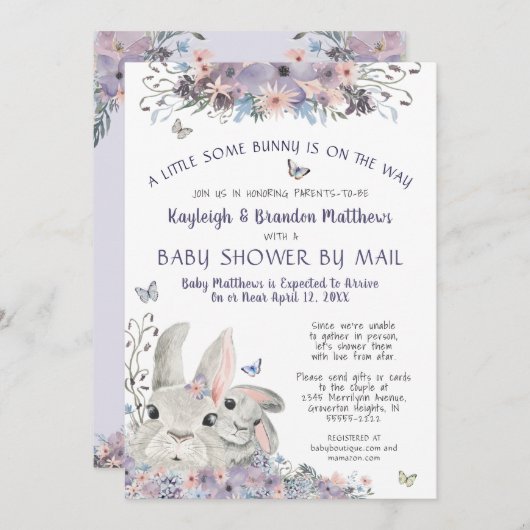 ウッドランドバニーフローラ紫ベビーシャワーバイメール 招待状 (正面/裏面)