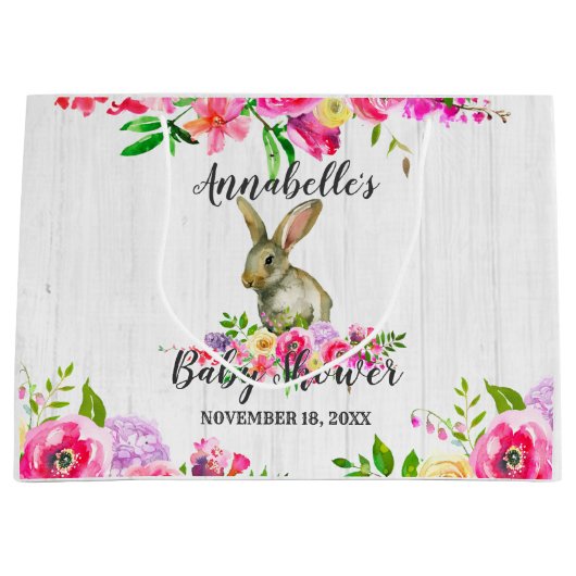 ウッドランドバニーラビットかわいらしフローラベビーシャワー ラージペーパーバッグ (正面)