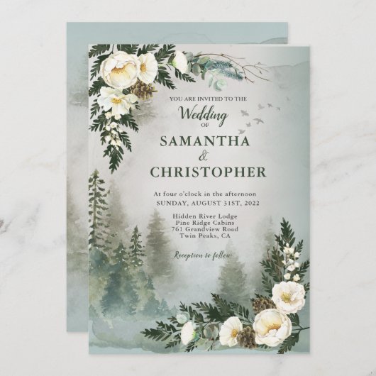 ウッドランドパインアイボリー水色フローラズインビ 招待状 (正面/裏面)