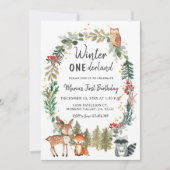 ウッドランドパインツリーズウィンターワンダーランド誕生日 招待状 (正面)