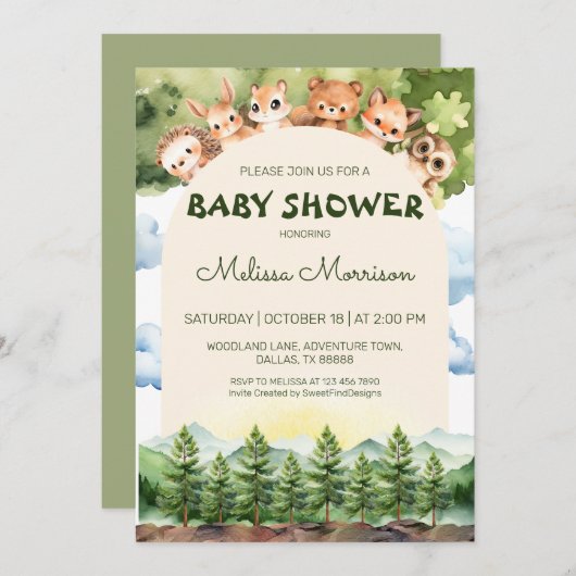 ウッドランドパラダイスフォレスト男の赤ちゃんシャワー 招待状 (正面/裏面)