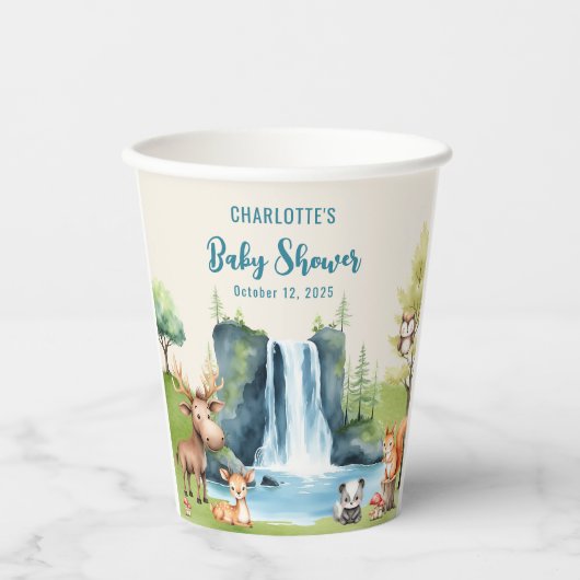 ウッドランドパーソナライズされたアニマルズブルーベビーシャワー 紙コップ (正面)