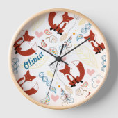 ウッドランドパーソナライズされたキツネウッドランドハートリーフ 壁時計 (正面)