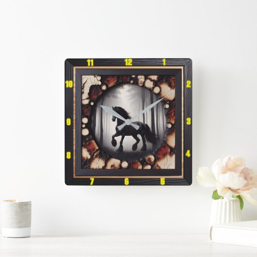 ウッドランドパーソナライズされたキャンターチャレッド木材フリージアン スクエア壁時計 (ホーム)