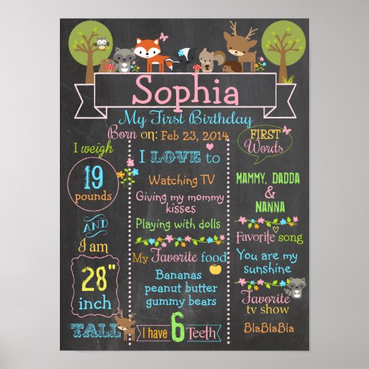 ウッドランドパーティーの最初の誕生日の女の子のサインのポスター ポスター (正面)