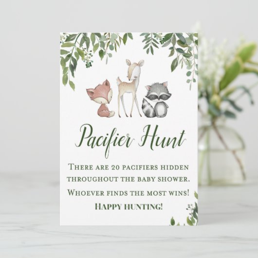 ウッドランドパーティーサイン – おしゃぶり狩りゲームサイン5x7 招待状 (スタンド正面)