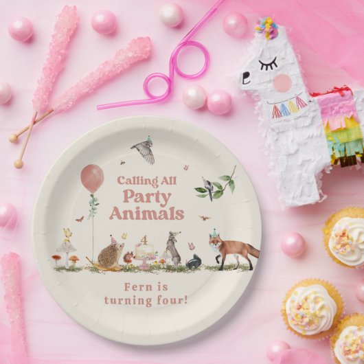 ウッドランドパーティー動物ピンクの誕生日パーティー ペーパープレート (パーティー)