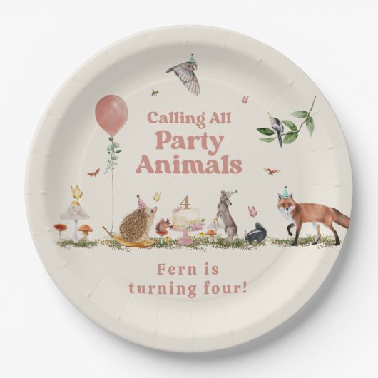 ウッドランドパーティー動物ピンクの誕生日パーティー ペーパープレート (正面)