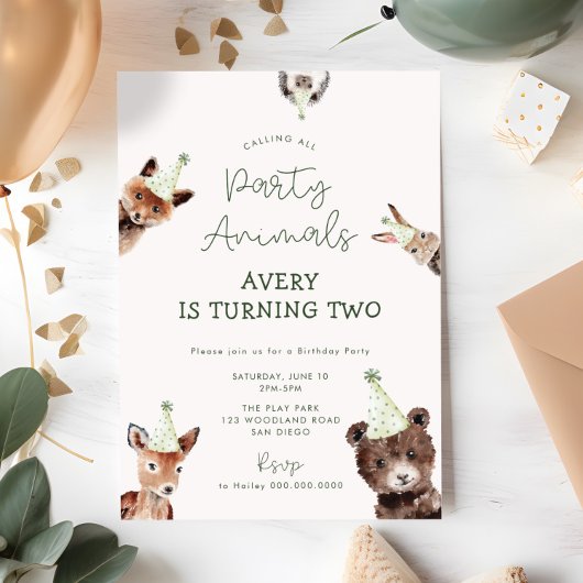 ウッドランドパーティー動物誕生日 招待状