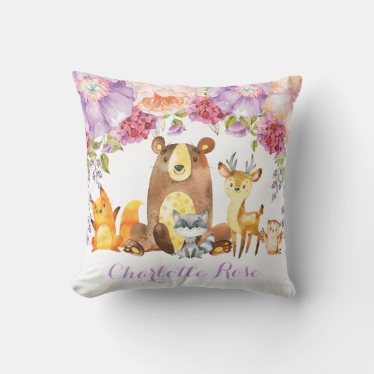 ウッドランドパープルフローラベビーガール子供部屋デコール クッション (正面)