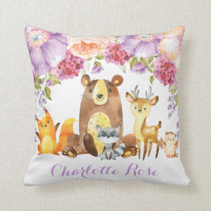 ウッドランドパープルフローラベビーガール子供部屋デコール クッション