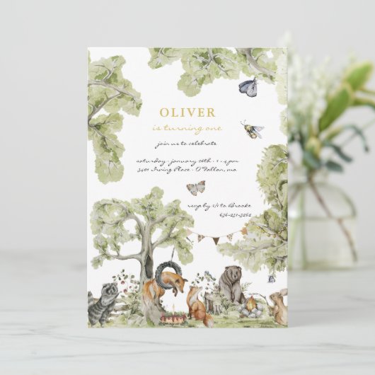 ウッドランドピクニック |森の動物の誕生日パーティー 招待状 (スタンド正面)