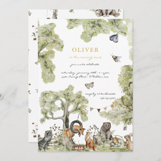 ウッドランドピクニック |森の動物の誕生日パーティー 招待状 (正面/裏面)