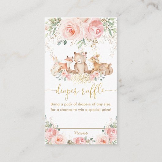 ウッドランドピンクのフローラ赤ちゃんシャワーおむつラッフル エンクロージャーカード (正面)