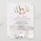 ウッドランドピンクの女の子の鹿の森の赤ちゃんシャワー郵便 招待状 (正面)