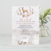 ウッドランドピンクの女の子の鹿の森の赤ちゃんシャワー郵便 招待状 (スタンド正面)