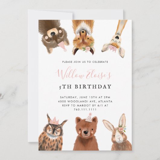 ウッドランドピンクの誕生日パーティー 招待状 (正面)