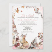 ウッドランドピンクガールキツネバニーベビーシャワーバイメール 招待状 (正面)