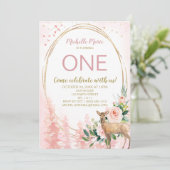 ウッドランドピンク金ゴールドフローラファースト誕生日 招待状 (スタンド正面)