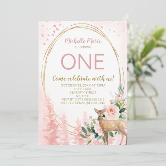 ウッドランドピンク金ゴールドフローラファースト誕生日 招待状 (スタンド正面)