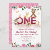 ウッドランドピンク1歳の誕生日 招待状 (正面/裏面)