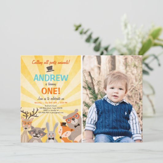 ウッドランドファースト誕生日招待状フォレストヒップスター 招待状 (スタンド正面)