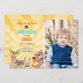 ウッドランドファースト誕生日招待状フォレストヒップスター 招待状 (正面/裏面)