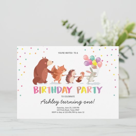 ウッドランドファースト誕生日招待状森林動物 招待状 (スタンド正面)