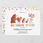 ウッドランドファースト誕生日招待状森林動物 招待状 (正面/裏面)