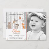 ウッドランドファースト誕生日招待状森林動物 招待状 (正面)