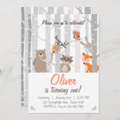 ウッドランドファースト誕生日招待状森林動物 招待状 (正面/裏面)