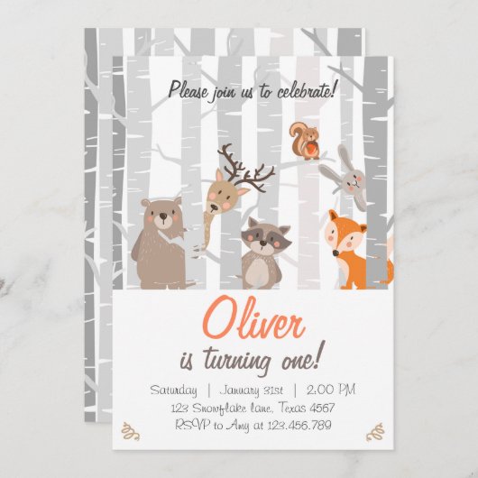 ウッドランドファースト誕生日招待状森林動物 招待状 (正面/裏面)